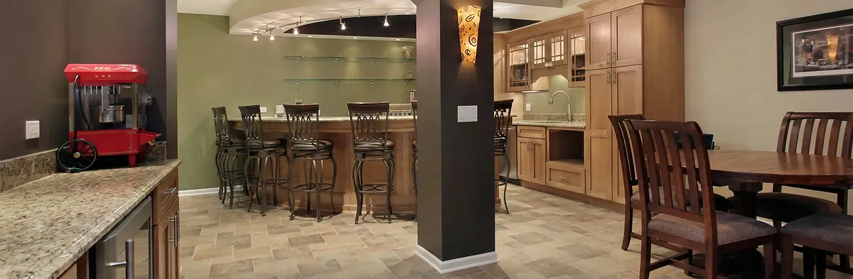 modern basement remodeling with custom finishes and open layout in a home in Worcester, MA