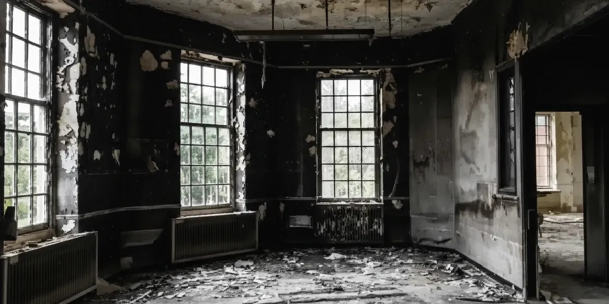 fire damage repair addressing severe interior damage and smoke residue inside a burned home in Worcester, MA
