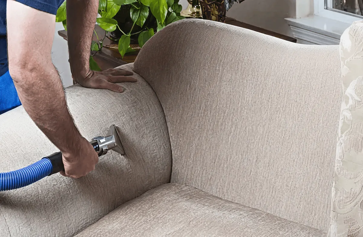 Professional upholstery cleaner deep-cleaning a fabric sofa with a handheld extraction tool and hose, Worcester, MA.